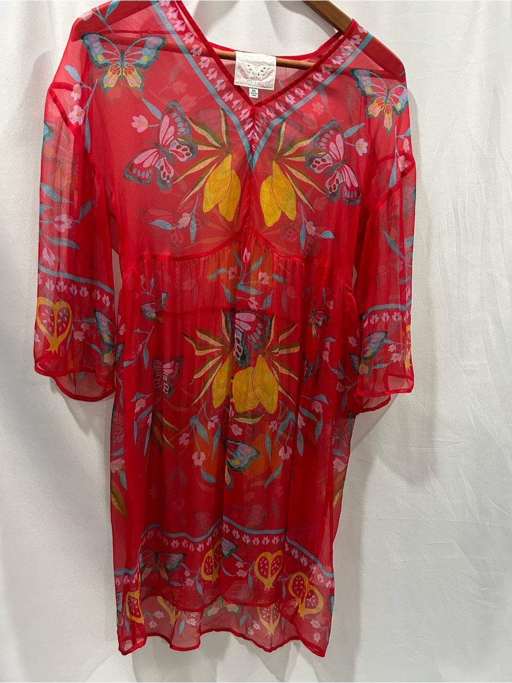 Johnny Was Barbara Red Sheer Butterfly & Floral V-Neck Tunic Swim Coverup Dress
